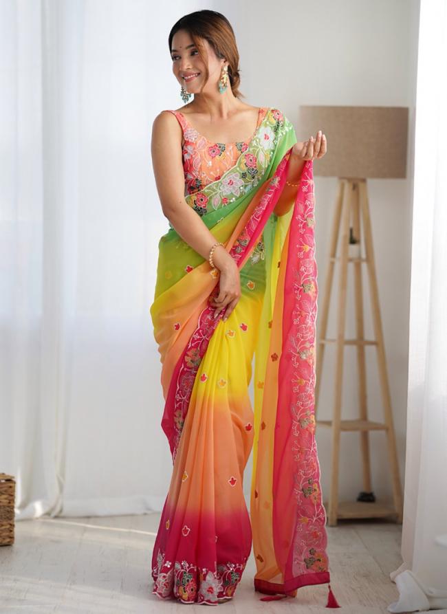 Georgette Multi Party Wear Embroidery Work Saree